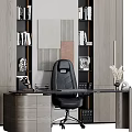 Modern Elegant Office Interior Design With Black Chair Desk Bookshelves Artwork And Storage Cabinets