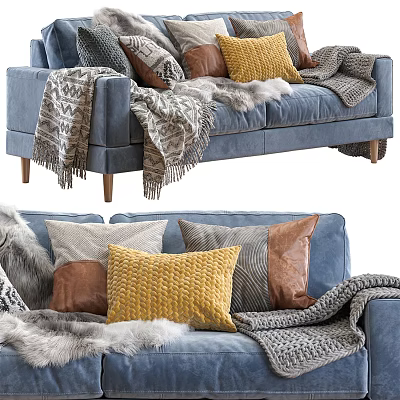 Cozy Blue Sofa Set with Soft Pillows and Furry Wool Blanket 3d model
