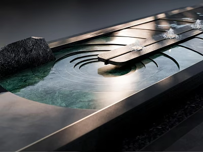 Tranquil Water Landscape With Circular Ripples Stone Slab And Sunlight Reflection 3d model