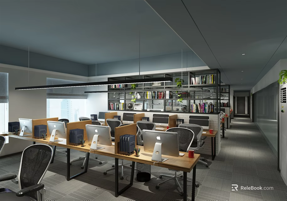 Modern Public Office Space Interior With Desks Laptops Bookshelves And Green Plants 3d model 