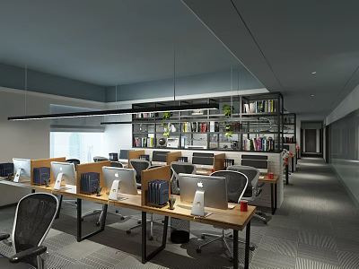 Modern Public Office Space Interior With Desks Laptops Bookshelves And Green Plants 3d model