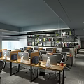 Modern Public Office Space Interior With Desks Laptops Bookshelves And Green Plants