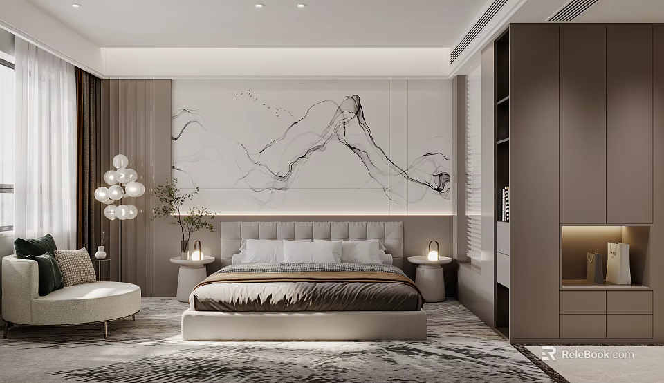 Hotel Guest Room Modern Minimalist Interior With Bedside Tables Lamps Abstract Wall Art And Area Rug 3d model 