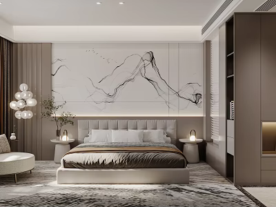 Hotel Guest Room Modern Minimalist Interior With Bedside Tables Lamps Abstract Wall Art And Area Rug 3d model