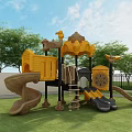 Outdoor Yellow Black Playground Equipment With Slides Climbing Structure Castle Design On Green Grass