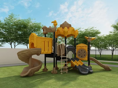 Outdoor Yellow Black Playground Equipment With Slides Climbing Structure Castle Design On Green Grass 3d model
