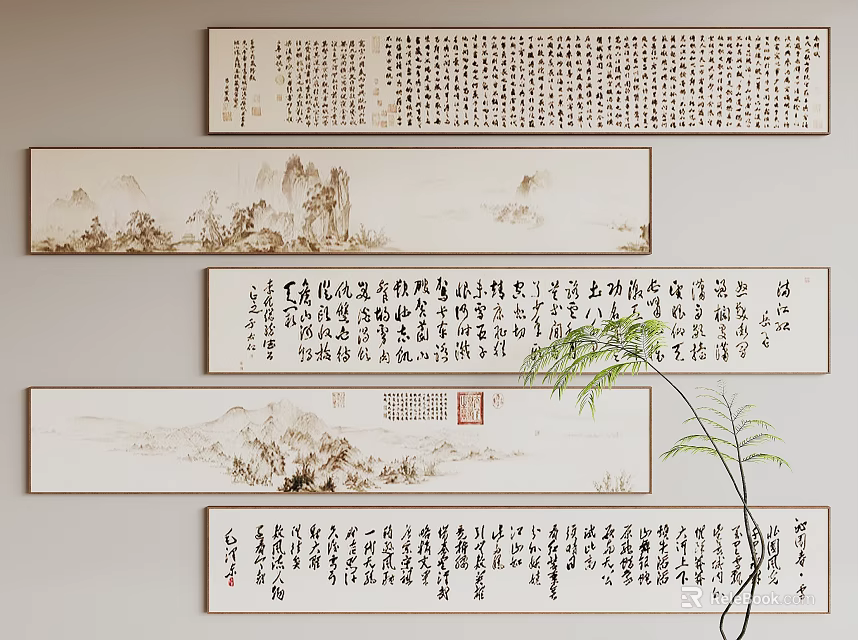 Traditional Chinese Landscape Paintings With Calligraphy Art And Bamboo Plant On Wall 3d model 