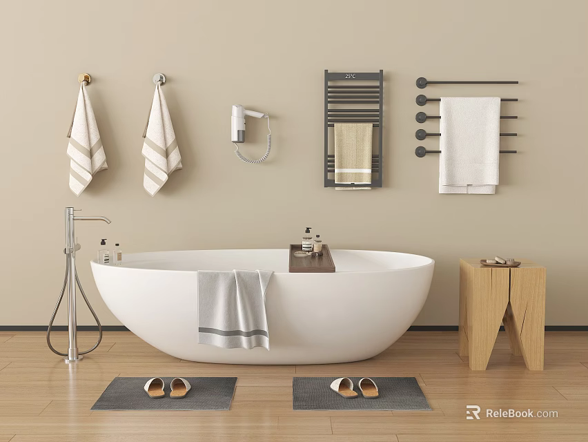 Freestanding White Bathtub in Modern Bathroom with Hanging Towels Wooden Stool Bath Mats and Slippers 3d model 