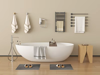 Freestanding White Bathtub in Modern Bathroom with Hanging Towels Wooden Stool Bath Mats and Slippers 3d model