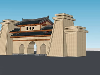 Traditional Chinese Entrance Gate With Classic Roof Archway And Stone Pillars 3d model