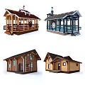 Traditional Wooden House With Porch Chimney Sloped Roof And Wooden Windows