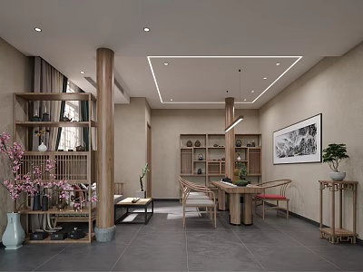 Chinese Style Private Room Interior With Wooden Furniture Tea Set And Decorative Plants 3d model