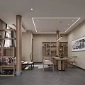 Chinese Style Private Room Interior With Wooden Furniture Tea Set And Decorative Plants