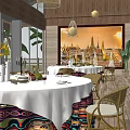Elegant Private Dining Room With Wooden Ceiling Cage Chandeliers Decorative Paintings And White Tablecloths