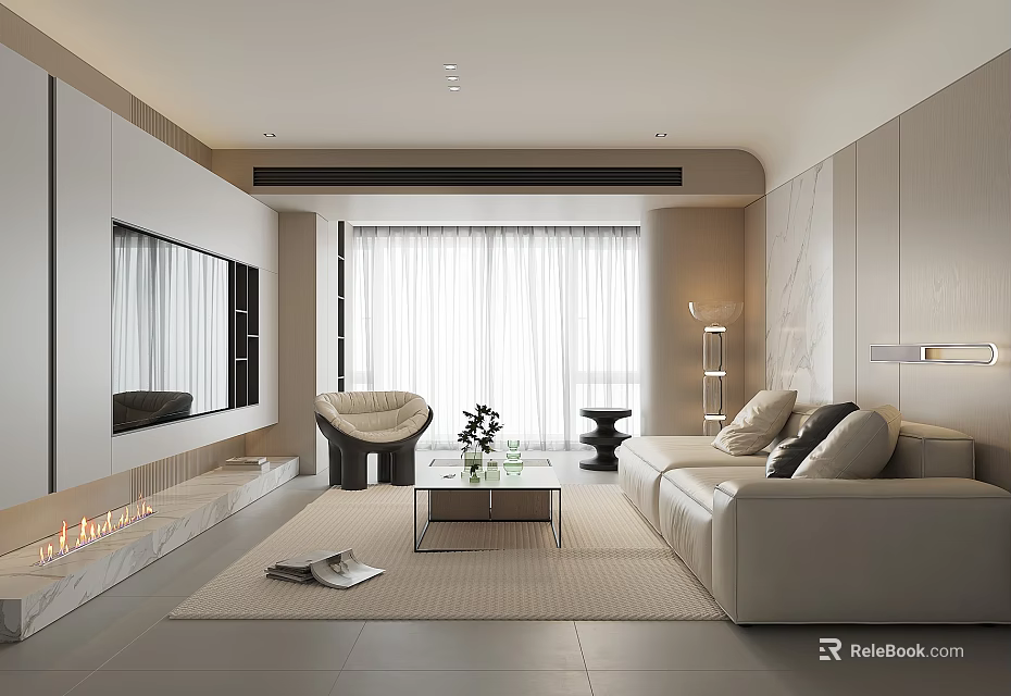 Modern Living Room Interior With White Sofa Large Windows Fireplace And Coffee Table 3d model 
