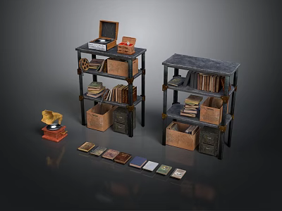 Vintage Storage Shelves With Wooden Crates Books Vinyl Records And Phonograph 3d model