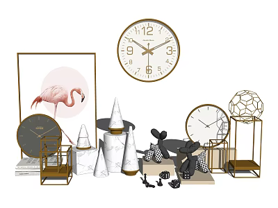 Home Decor Ornament Set With Clocks Flamingo Painting Geometric Cone And Metal Ornaments 3d model