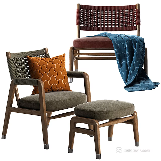 Cozy Leisure Chair with Wooden Frame Woven Backrest Orange Cushion Blue Blanket and Matching Ottoman 3d model 