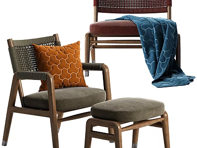 Cozy Leisure Chair with Wooden Frame Woven Backrest Orange Cushion Blue Blanket and Matching Ottoman 3d model
