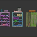 Military Style Storage Shelves And Cabinet With Boxes Rolled Items Lantern And Books