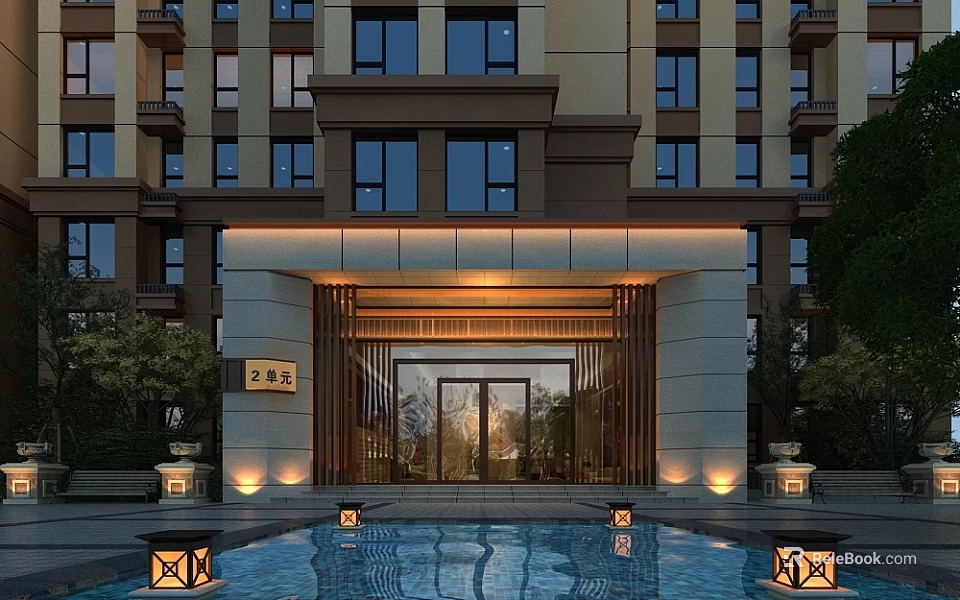 Modern Residential Building Main Entrance Gate With Glass Doors Illuminated Pool Greenery And Lighting 3d model 