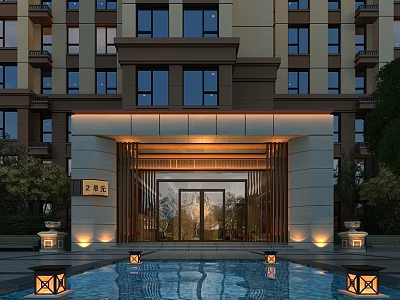 Modern Residential Building Main Entrance Gate With Glass Doors Illuminated Pool Greenery And Lighting 3d model