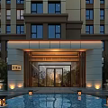 Modern Residential Building Main Entrance Gate With Glass Doors Illuminated Pool Greenery And Lighting