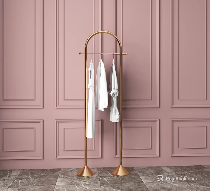 Stylish Golden Clothes Hanger With White Garments Against Pink Paneled Wall 3d model 