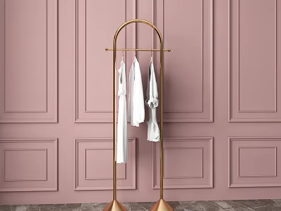 Stylish Golden Clothes Hanger With White Garments Against Pink Paneled Wall 3d model