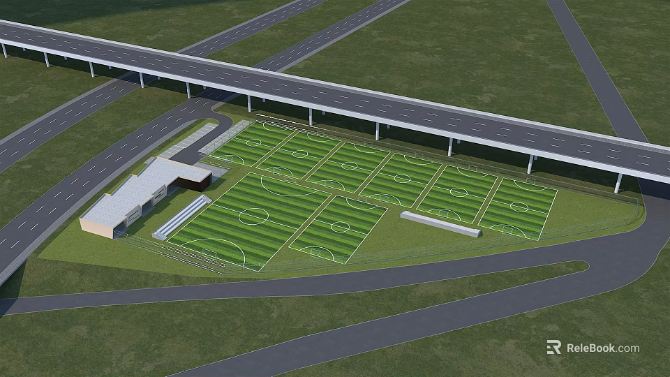 Multiple Football Fields With Green Turf Under Overpass And Adjacent Roads 3d model 