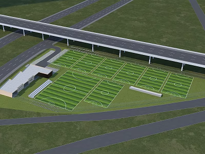 Multiple Football Fields With Green Turf Under Overpass And Adjacent Roads 3d model