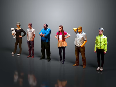 Group of people in casual clothing standing with different poses on gray background 3d model