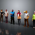 Group of people in casual clothing standing with different poses on gray background