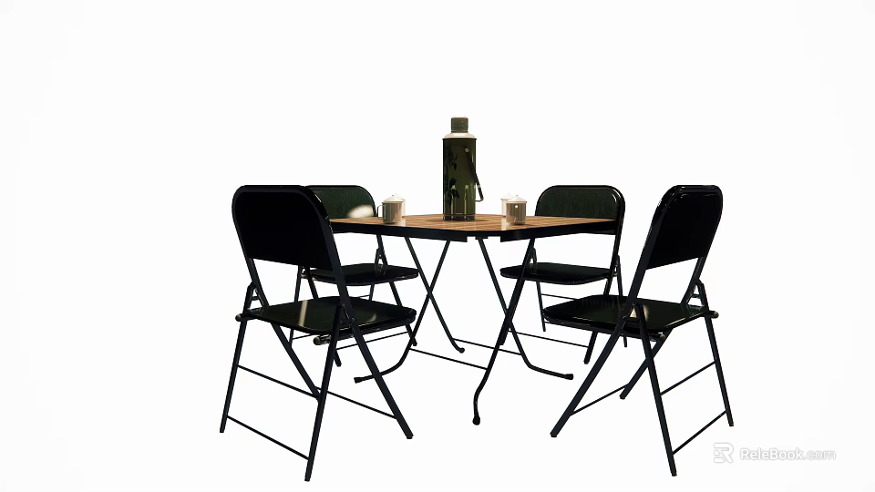 Folding Dining Table Set With Four Black Folding Chairs Water Bottle And Cups 3d model