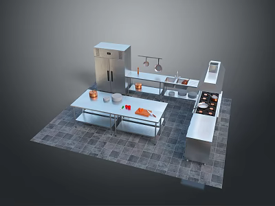 Kitchen Household Items With Stainless Steel Appliances Workbench And Cooking Tools 3d model