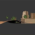 Ancient Stone Building Scenery With Palm Trees Small Carriages On Sandy Ground 3d model
