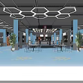 Modern Fitness Gym with Boxing Ring Blue Floor Hexagon Ceiling Lights Tables Chairs and Plants