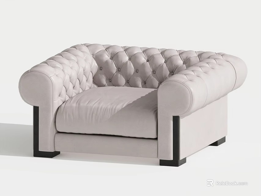 Elegant Beige Tufted Single Seater Sofa With Black Legs And Velvet Upholstery 3d model 