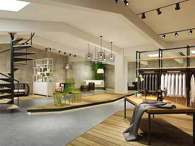 Modern Clothing Store Interior With Spiral Staircase Clothing Racks And Green Plants 3d model