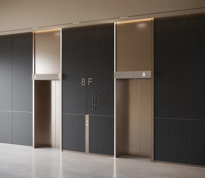Modern Elevator Lobby With Dark Wood Panels Metal Accents 8F Floor Indicator And Recessed Lighting 3d model