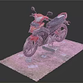Red And Black Motorcycle Displayed On Platform With Small Tags