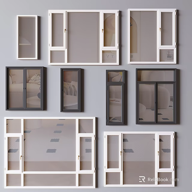 Various Casement Windows Designs with White and Dark Frames for Modern Home Interiors 3d model 