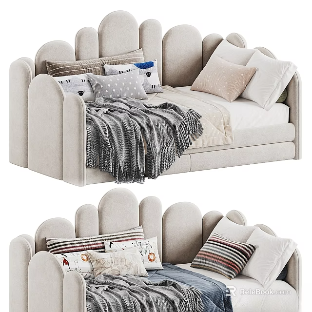 Cozy Beige Kids Bed With Cloud Shaped Headboard And Colorful Pillows Blanket 3d model 