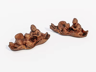 Traditional Wooden Sculptures Featuring Two Figures On Boat Shaped Base 3d model