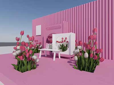 Floral Installation with Pink Vertical Wall Floor White Bench Display Cabinet and Pink White Tulips 3d model