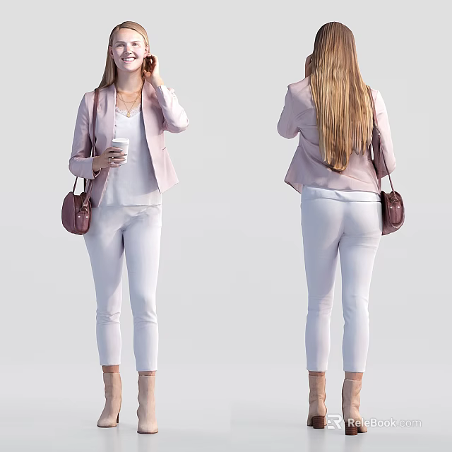 Woman in Pink Blazer White Top White Pants Carrying Coffee Cup Brown Handbag Beige Heels 3d model 