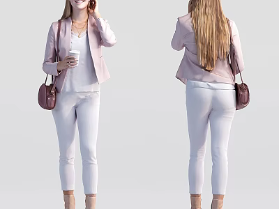 Woman in Pink Blazer White Top White Pants Carrying Coffee Cup Brown Handbag Beige Heels 3d model