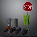 Urban Roadside Scene With Stop Sign Silver Gray Green Trash Bins Traffic Cone And Stones