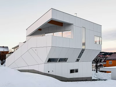 Modern Geometric Detached House With White Exterior Large Windows In Snowy Winter 3d model
