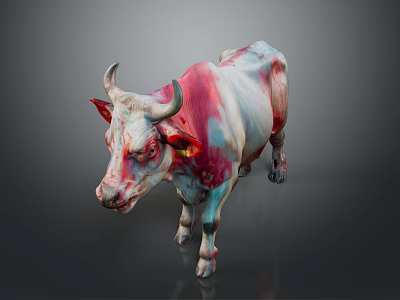 Pink and white cow with unique coloration standing against dark background 3d model